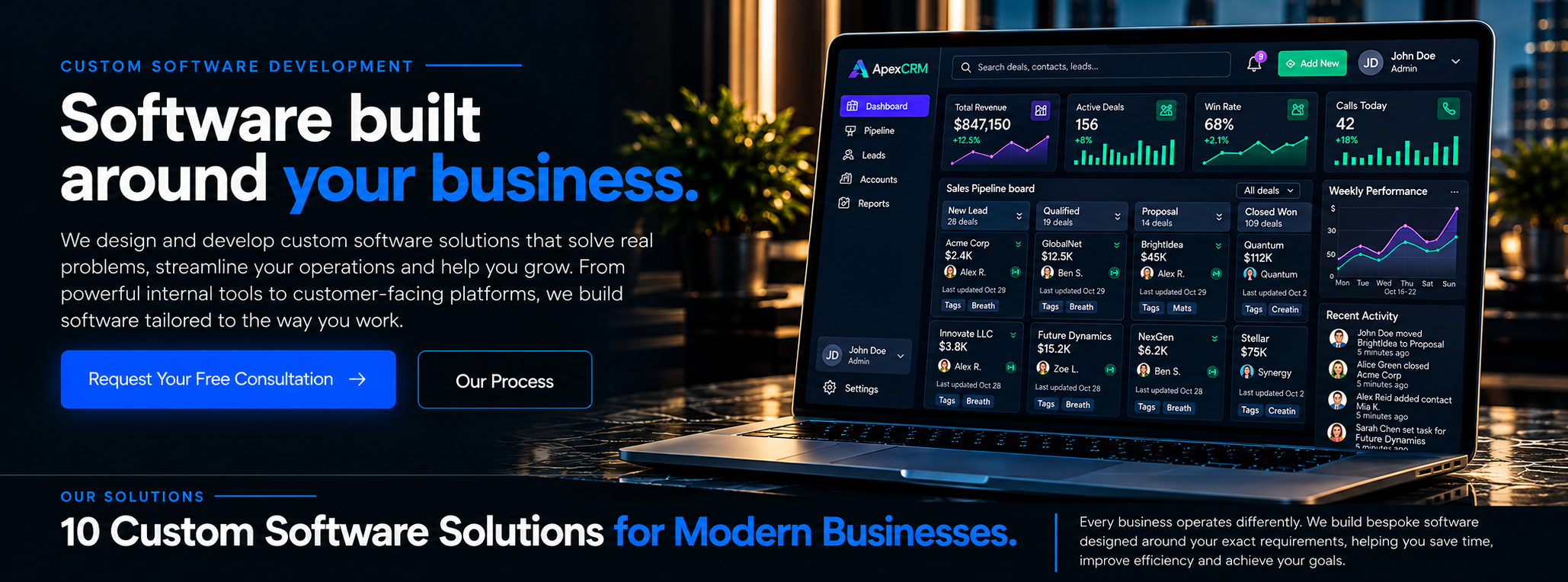 Software built around your business. We design and develop custom software solutions that solve real problems, streamline your operations and help you grow. Ten custom software solutions for modern businesses.