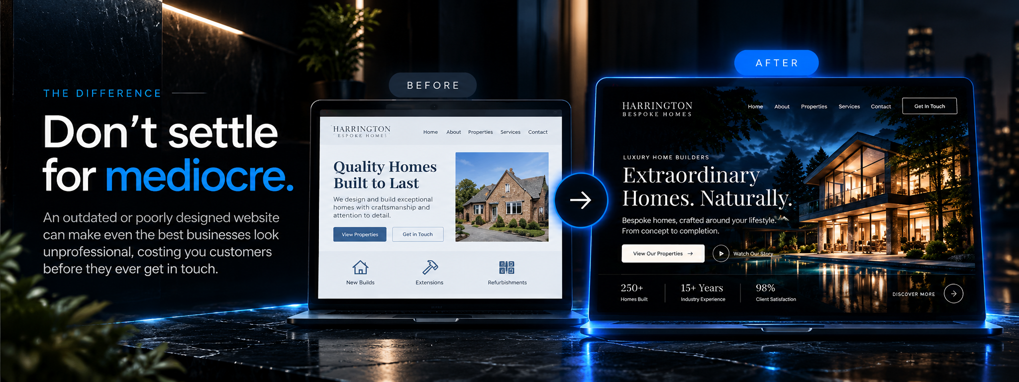 Don’t settle for mediocre. An outdated or poorly designed website can make even the best businesses look unprofessional, costing you customers before they even get in touch. Illustrative Harrington Bespoke Homes website concepts show a basic before design and a premium after design.