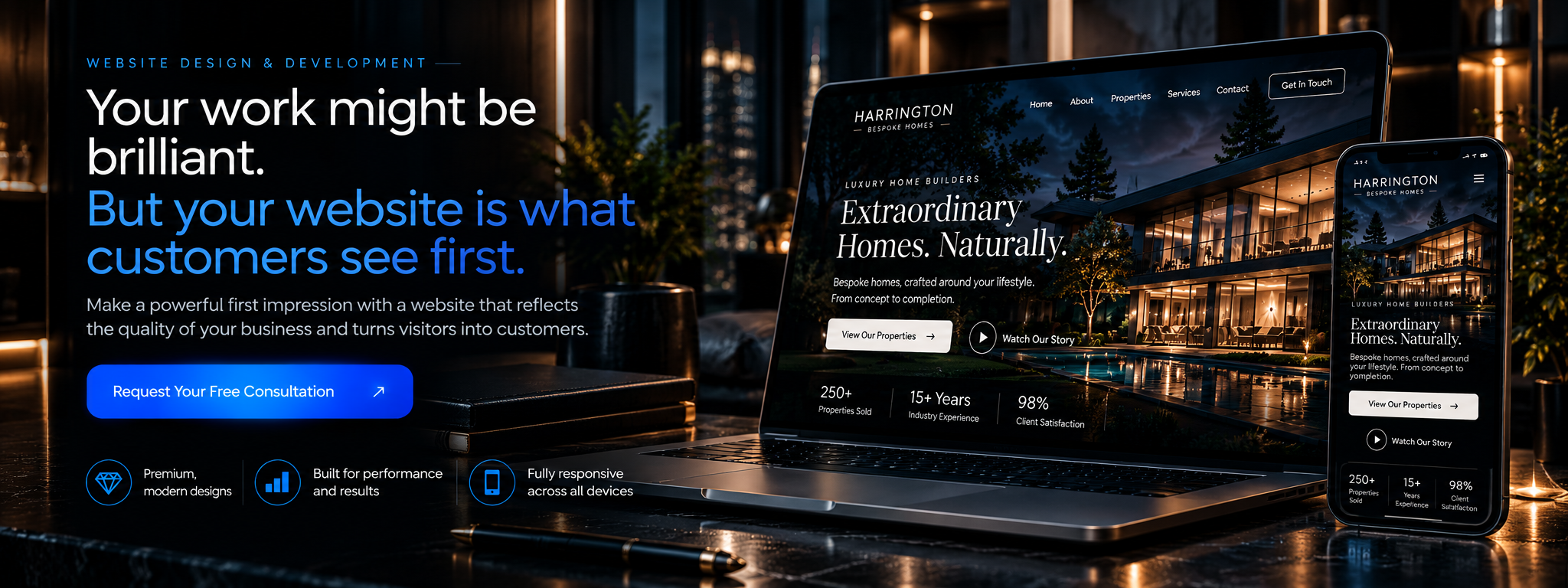 Your work might be brilliant. But your website is what customers see first. Make a powerful first impression with a website that reflects the quality of your business and turns visitors into customers. Premium, modern designs. Built for performance and results. Fully responsive across all devices.