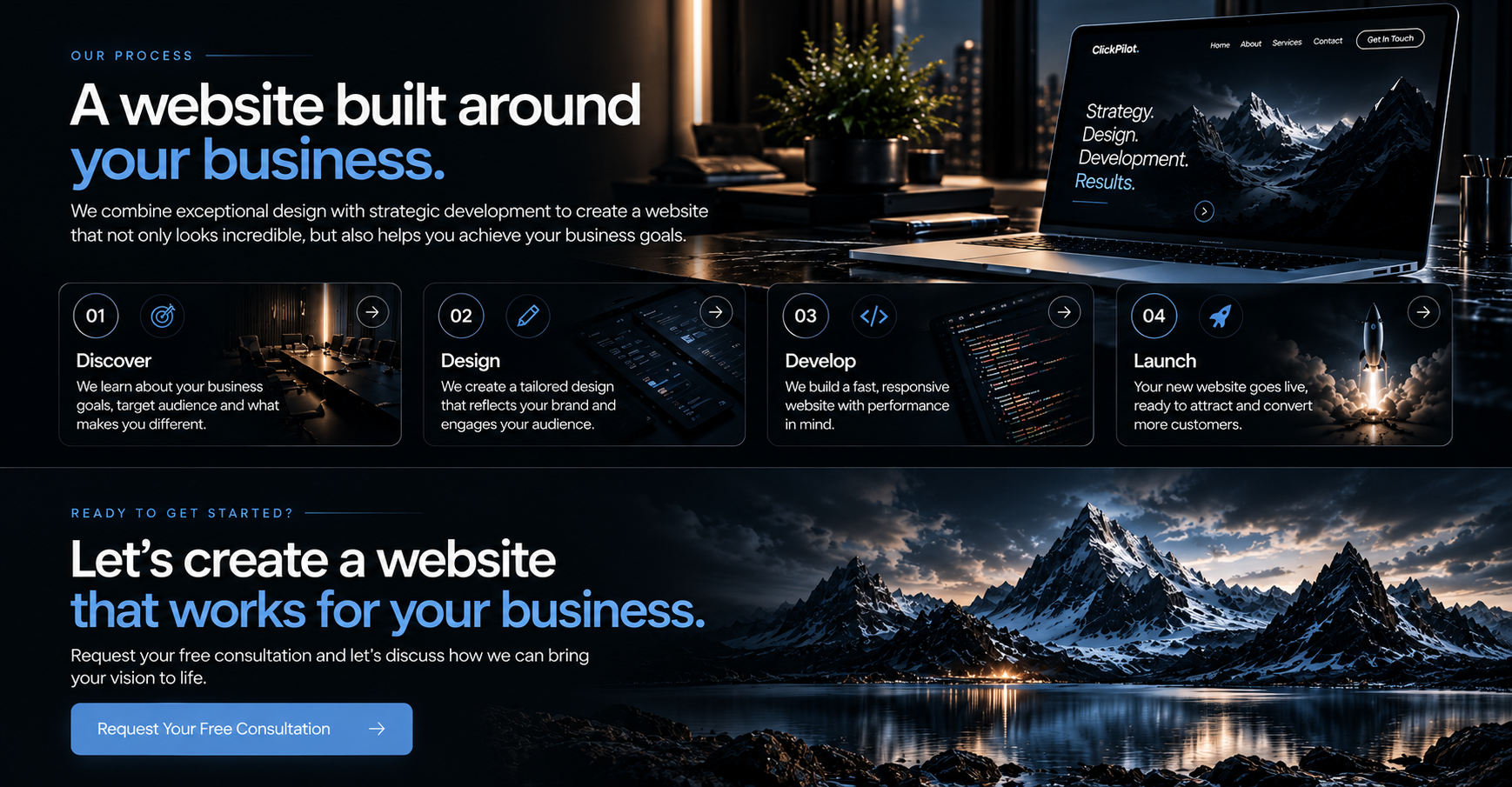 Our process: a website built around your business. Discover, Design, Develop, Launch. Let’s create a website that works for your business. Request your free consultation and let’s discuss how we can bring your vision to life.