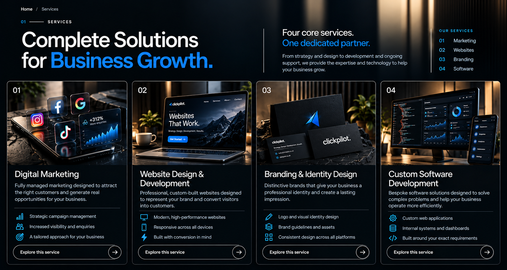 Complete Solutions for Business Growth. Four core services. One dedicated partner. Digital Marketing; Website Design and Development; Branding and Identity Design; Custom Software Development. Service artwork contains illustrative interface concepts.