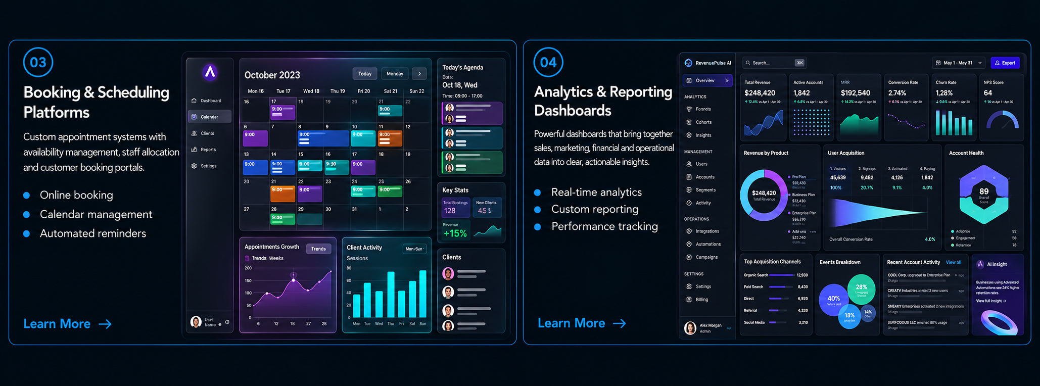 03 Booking and Scheduling Platforms: online booking, calendar management, automated reminders. 04 Analytics and Reporting Dashboards: real-time analytics, custom reporting, performance tracking.