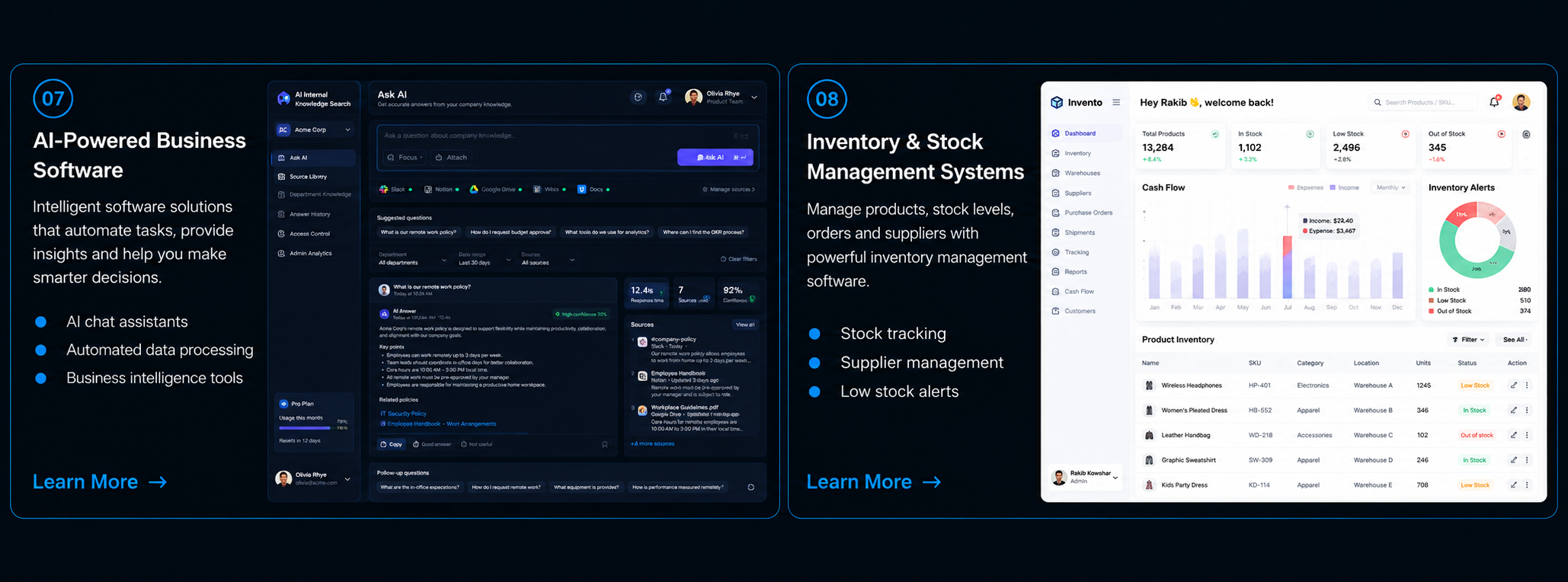 07 AI-Powered Business Software: AI chat assistants, document processing, smart enquiry handling. 08 Inventory and Stock Management Systems: stock tracking, supplier management, low-stock notifications.