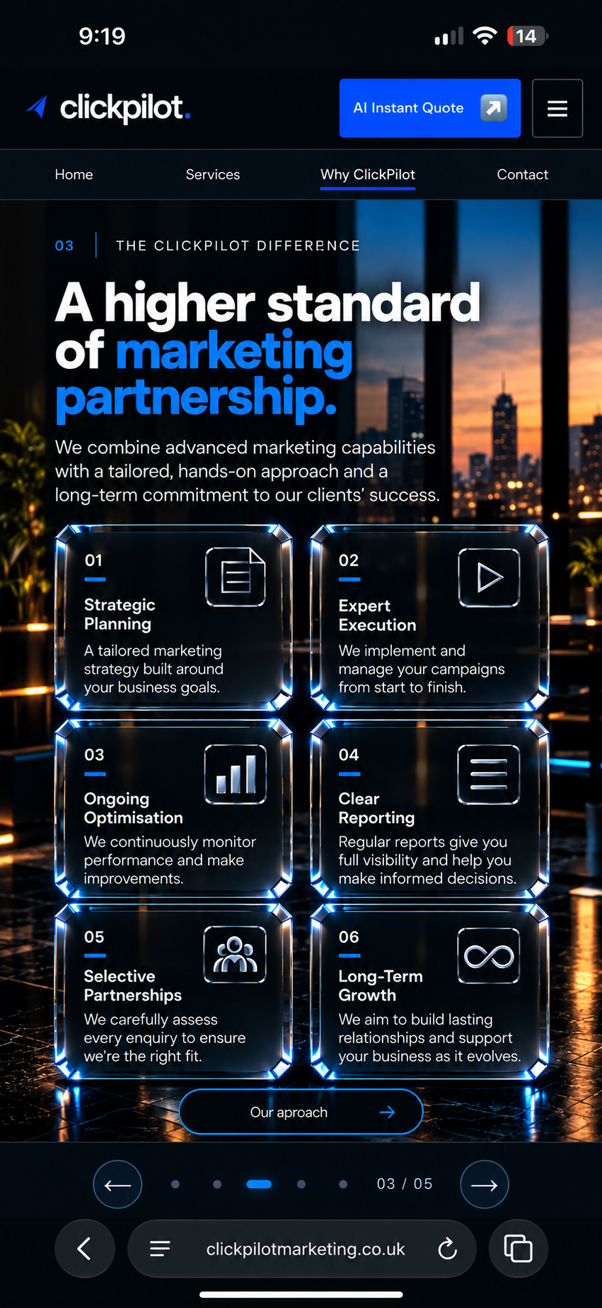 A higher standard of marketing partnership: strategic planning, expert execution, ongoing optimisation, clear reporting, selective partnerships and long-term growth.