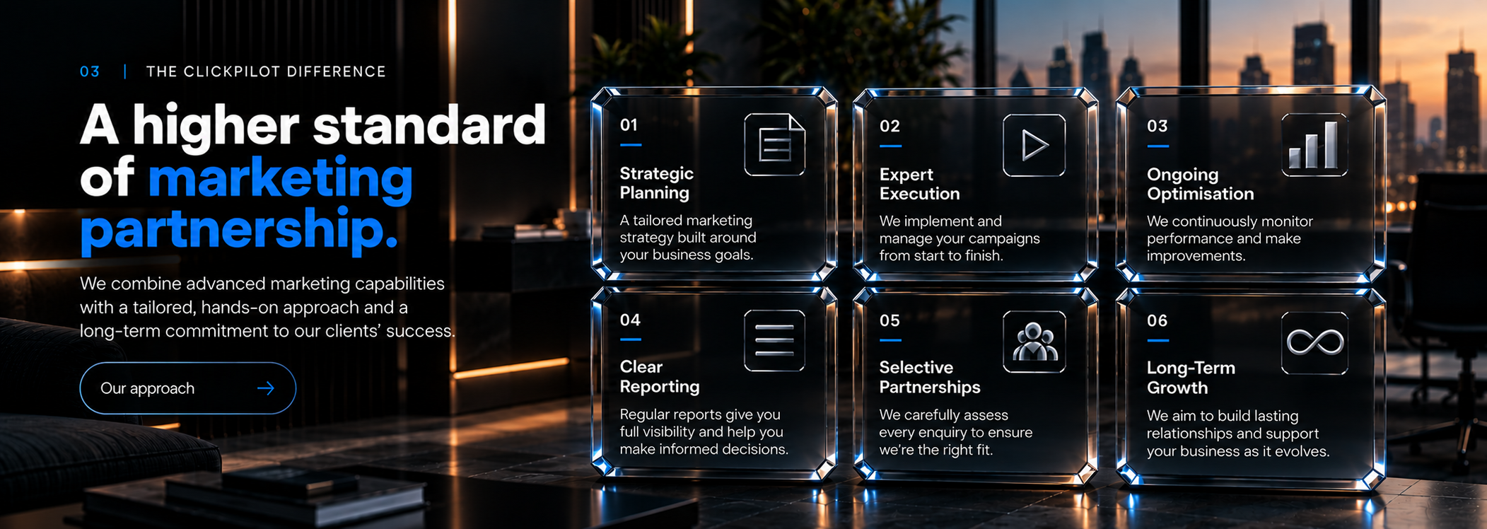 A higher standard of marketing partnership. Strategic Planning. Expert Execution. Ongoing Optimisation. Clear Reporting. Selective Partnerships. Long-Term Growth.
